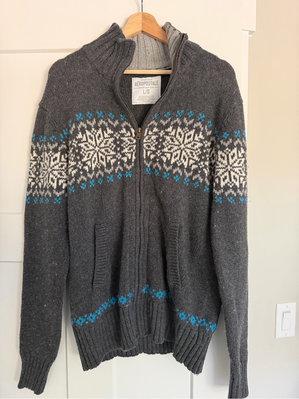 Aéropostale Fair Isle Full Zip Sweater Men’s L Gray Blue Cotton Wool Y2K